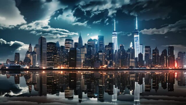 Night scene of the New York City skyline with reflection on the water, AI Generated