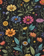 Colorful Floral Design on Dark Background, A Vibrant Display of Wildflowers, Generative AI