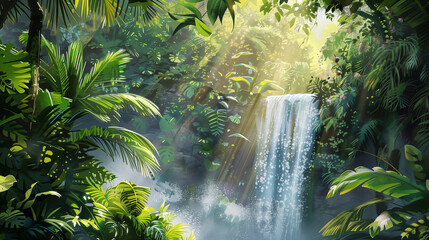 Rich tropical rainforest in the morning The morning sun shines on the waterfall and lush green leaves. Watercolor painting. - obrazy, fototapety, plakaty