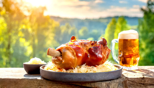 Schweinshaxe mit Sauerkraut und Bier im Biergarten 