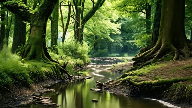 Beautiful landscape image of a forest river flowing through the woods, AI Generated