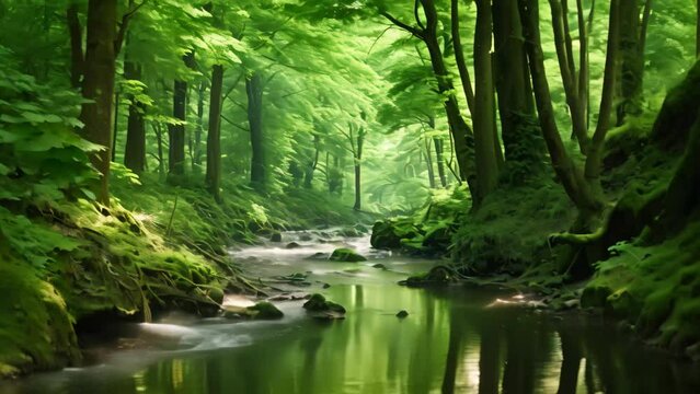A view of a stream flowing through a green forest in summer, AI Generated