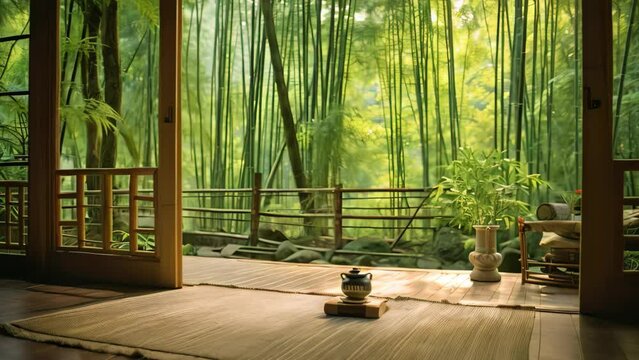 Bamboo forest in the morning at Arashiyama Kyoto Japan, AI Generated