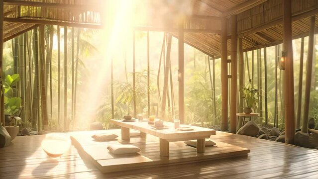 Interior of a tropical spa with bamboo walls and wooden floor, AI Generated