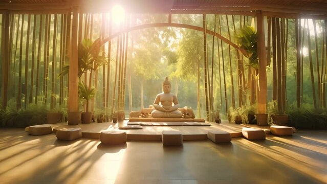 Bamboo forest and Buddha statue in the morning. 3d rendering, AI Generated