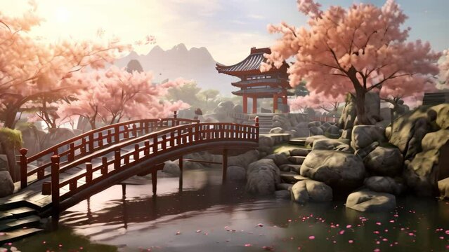 Chinese zen garden with cherry blossom trees and bridge, 3d render, AI Generated