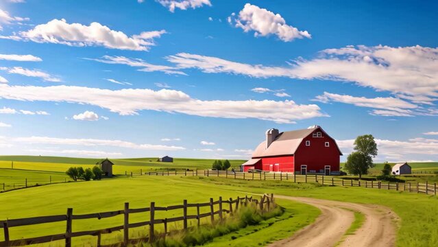 American Countryside with Red Barn and Fence in Spring, USA, AI Generated