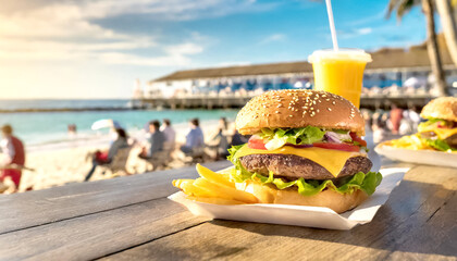Hamburger mit Pommes in einer Beachbar Hintergrund Meer und Strand 
