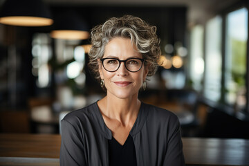 Portrait of a smiling mature woman with gray hair and glasses - obrazy, fototapety, plakaty