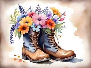 rustic boots with colorful flowers inside a watercolor - obrazy, fototapety, plakaty