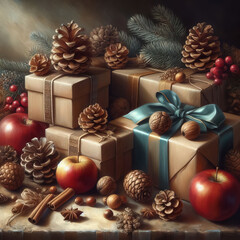 Fototapeta na wymiar Still life painting of Christmas and new year background, gift boxes and pine cones