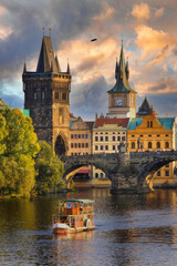 Fototapeta premium Golden Hour in Prague A View with Charles Bridge Over Vltava River Scenery.