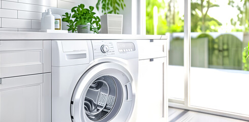 laundry room interior with white modern washing machine