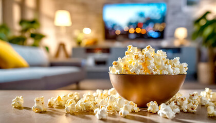 Schüssel mit Popcorn im Hintergrund ein laufender Fernseher  - obrazy, fototapety, plakaty