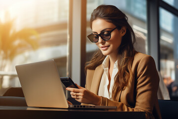 A businesswoman multitasks with a smartphone and laptop in a well-lit office setting, embodying efficiency and connectivity.