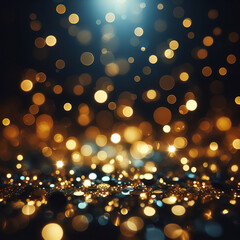 Fototapeta na wymiar Black, blue and gold bokeh, Christmas luxury background