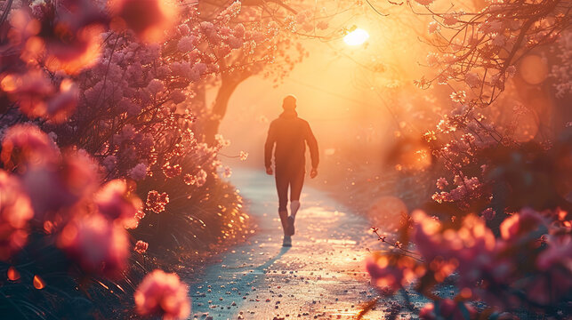 person running on a path lined with blooming flowers