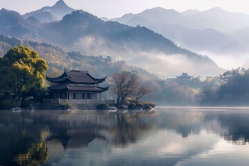 Peaceful landscape, pagoda, lake, morning mist. 