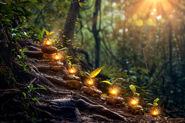 Naklejka na ściany i meble Magical glowing lights along a fantasy forest path, mystically enchanted plants, dreamy nature illustration