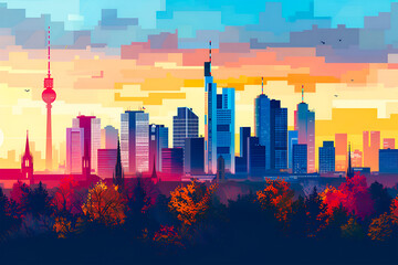 A flat vector gradient skyline illustration of Frankfurt City of Germany. Beautiful European City. - obrazy, fototapety, plakaty