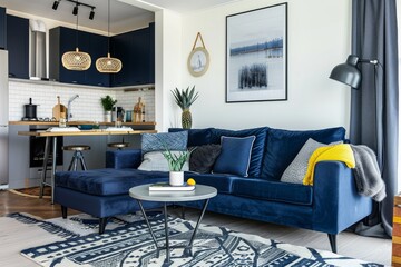 Elegant navy blue sofa in a modern Scandinavian style studio apartment