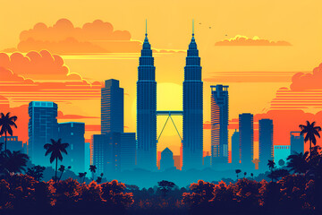 A flat vector gradient skyline illustration of Kuala Lumpur Capital of Malaysia. Beautiful Asian City.