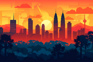 Fototapeta premium A flat vector gradient skyline illustration of Kuala Lumpur Capital of Malaysia. Beautiful Asian City with Petronas Towers.