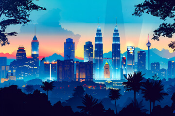Fototapeta premium A flat vector gradient skyline illustration of Kuala Lumpur Capital of Malaysia. Beautiful Asian City