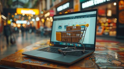 A shopping cart and boxes on the laptop screen, depicting an online shopping concept - Powered by Adobe