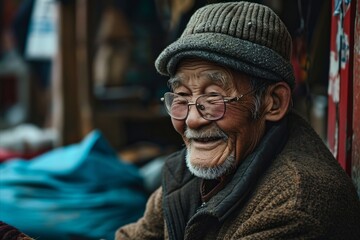 Portrait of unknowns Nepali old man in the street of Kathmandu in the afternoon - obrazy, fototapety, plakaty