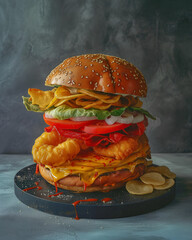 A big red hamburger sandwich with fried food and chips