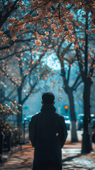 A solitary figure man walks under blooming spring trees, with soft focus creating a dreamy, contemplative atmosphere.