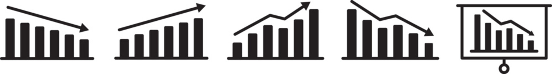 Set of growing and decreasing graph icons. Vector illustration. Collection of growing and decreasing bar graphs. Business chart with arrows. Collection of growth and shrinkage charts. EPS 10.