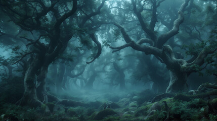 A forest with trees that are twisted and dark. Scene is eerie and mysterious