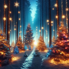 Magical forest with Christmas trees and glowing lights