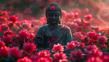 buddha statue with colourful flowers cinematic lighting