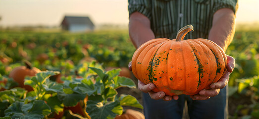 Farmer holding a pumpkin in front of the field. Eco-friendly farming with copy space