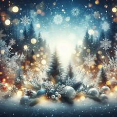 Fototapeta na wymiar Christmas and New Year abstract festive background with winter forest and snowflakes