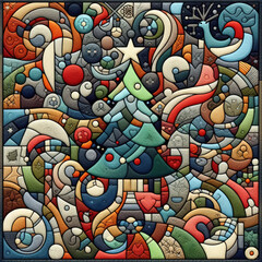 Fototapeta premium Felt art patchwork, christmas concept, needlepoint, abstract silhouette, expressionist style, colorful holiday