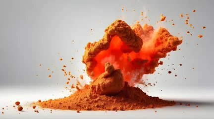 Fotobehang A visually captivating high-speed shot displaying the eruption of a mound of cayenne pepper in a fiery explosion © JohnTheArtist