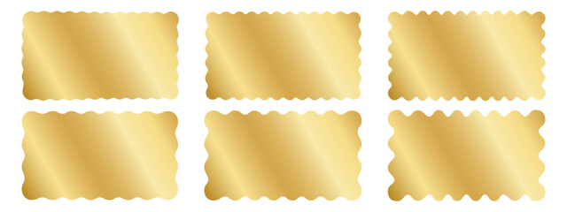 Set of gold rectangle stickers with wavy borders. Metallic undulate shapes of labels, badges, price tags, coupons, promocode tickets isolated on white background. Vector realistic illustration. - obrazy, fototapety, plakaty