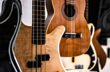 Bass guitar fretboardsand strings in music recording studio