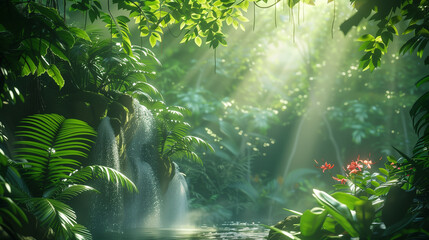 Rich tropical rainforest in the morning The morning sun shines on the waterfall and lush green leaves.  - obrazy, fototapety, plakaty