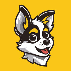 Vector esports logotype cute cartoon dog on yellow background, logo cute dog, icon cute dog, sticker cute dog, symbol cute dog, emblem cute dog