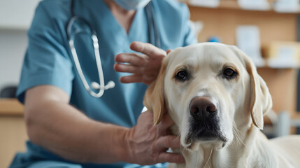 Close up of white Labrador dog at vet clinic with male veterinarian stroking his head, copy space