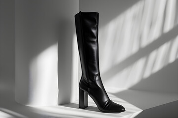 Gleaming Black Knee-High Boots in Robust Design Against Light-Colored Background