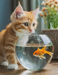 Tabby Cat Kitten Looking at Gold Fish in Glass Bowl AI