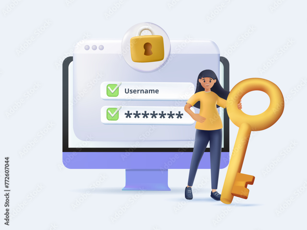 Poster woman with login and password. authorization and authentication. protection of personal data and inf