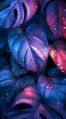 neon background with dew leaves