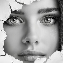 Obraz premium Closeup of womans forehead, nose, cheek, and lips behind cracked wall
